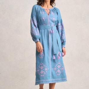 Embroidered Folk Dress - Mid Denim Blue