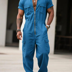 Men's Blue Multi-Pocket Zipper Cotton Short-Sleeve Jumpsuit