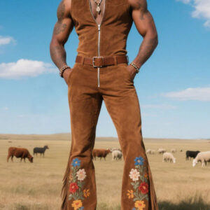 Men's Vintage Western Embroidered Suede Jumpsuit