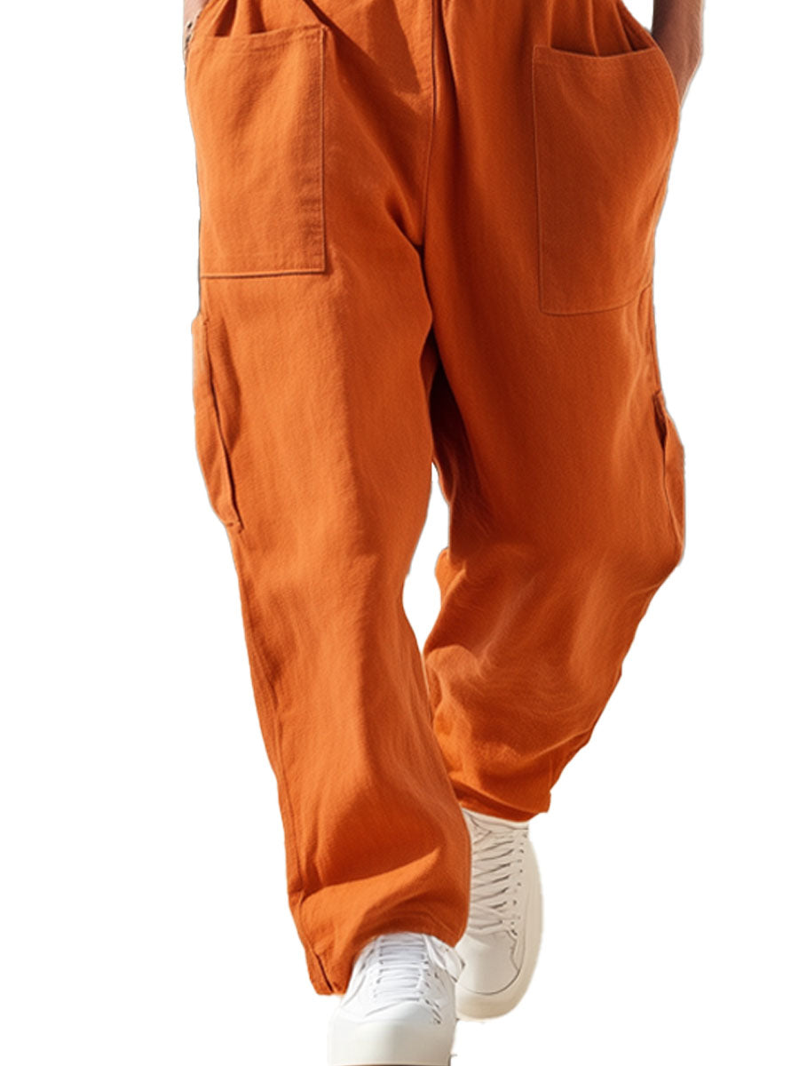 Men's Solid Color Cotton And Linen Multi-Pocket Casual Jumpsuit