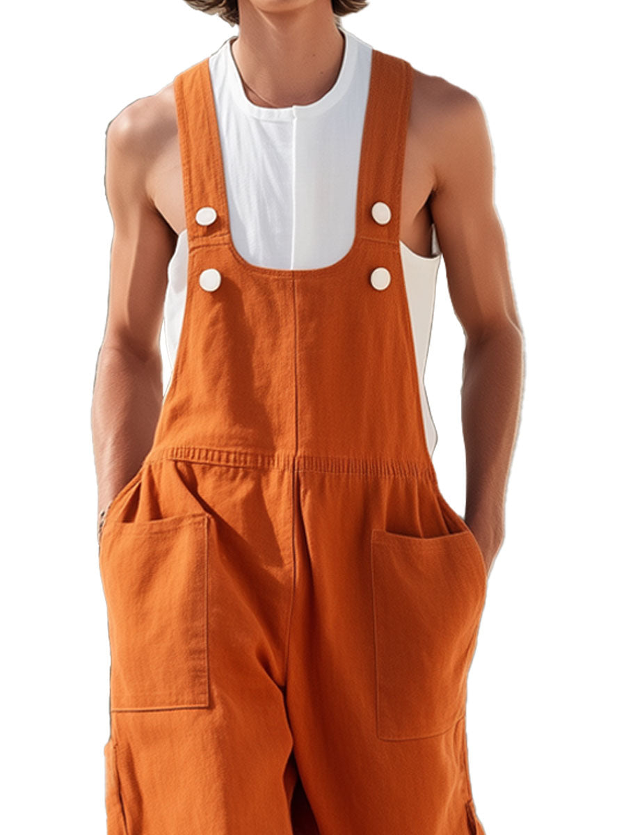 Men's Solid Color Cotton And Linen Multi-Pocket Casual Jumpsuit