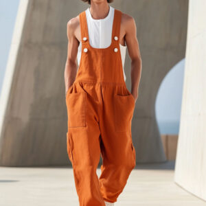 Men's Solid Color Cotton And Linen Multi-Pocket Casual Jumpsuit