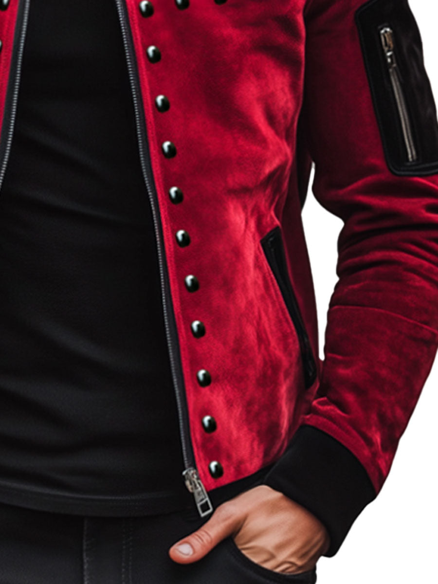 Men's Retro Contrast Color Stitching Suede Rivet Stand Collar Jacket