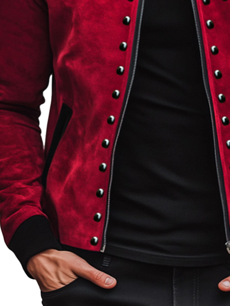Men's Retro Contrast Color Stitching Suede Rivet Stand Collar Jacket