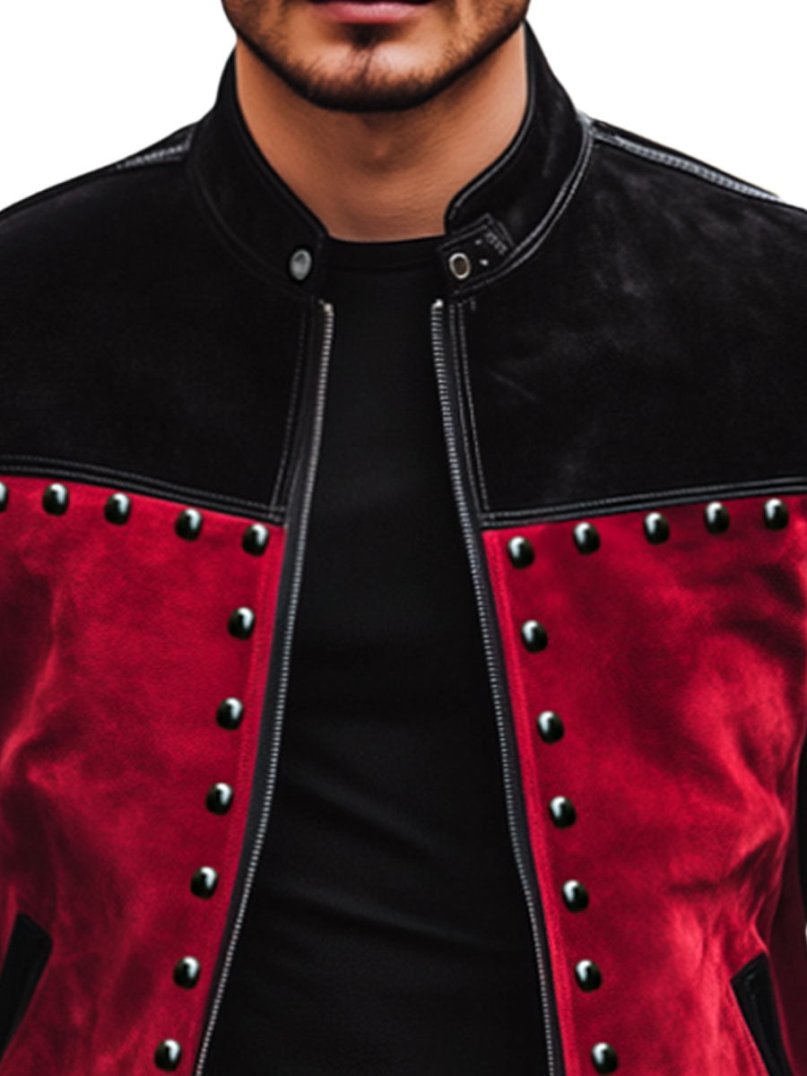 Men's Retro Contrast Color Stitching Suede Rivet Stand Collar Jacket