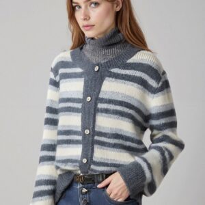 Retro Stripe Color Block Loose Slim Crew Neck Knit Cardigan
