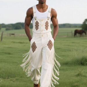 Men'S Western Embroidered Cotton Tassel Overalls