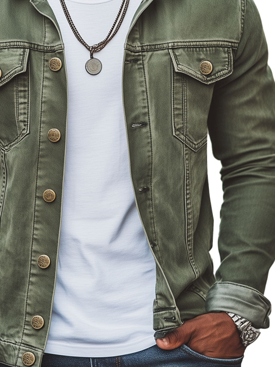 Men's Vintage Green Double Pocket Denim Jacket