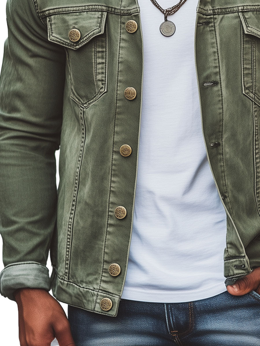Men's Vintage Green Double Pocket Denim Jacket