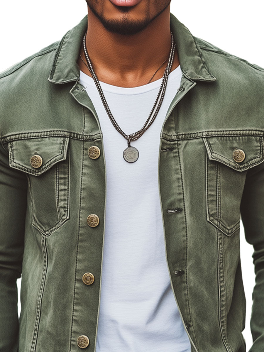 Men's Vintage Green Double Pocket Denim Jacket