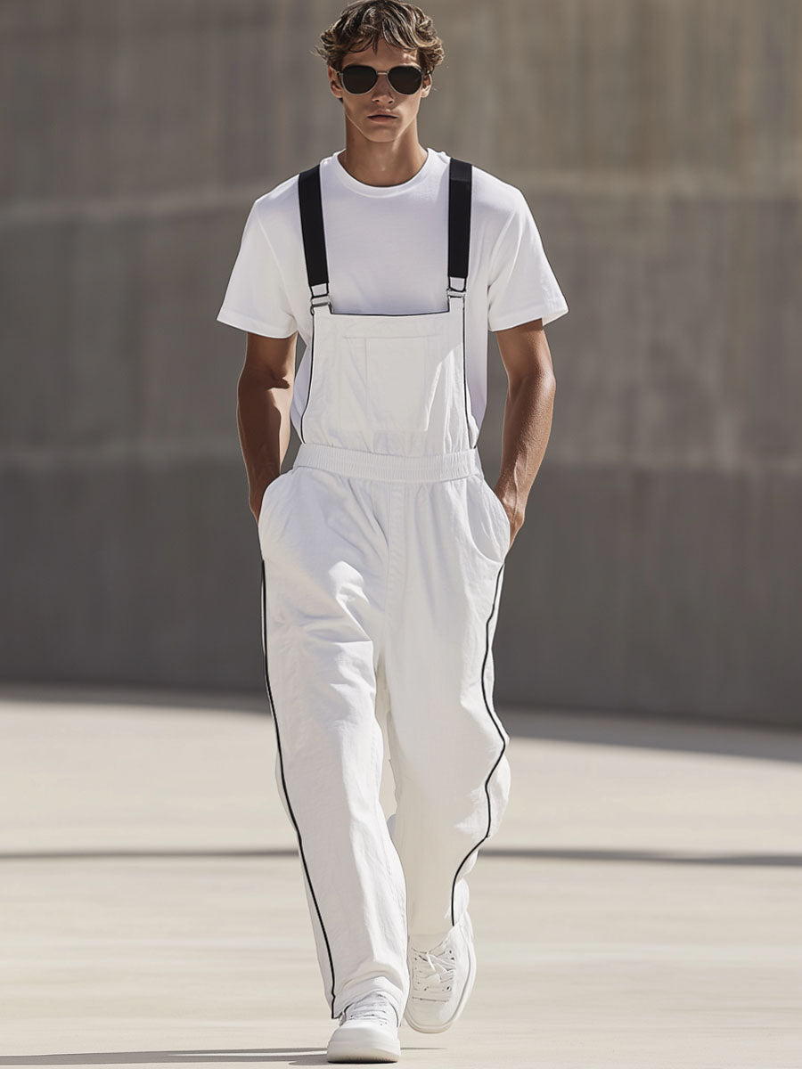 Men's White Cotton Wide Leg Overalls