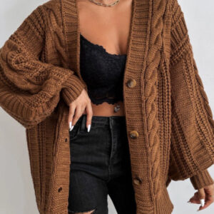 V-Neck Vintage Cable Knit Balloon Sleeve Cardigan