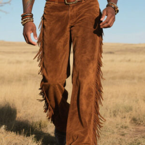 Mens Vintage Suede Tassel Western Style Pants