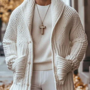 Men's Solid Color Lapel Single-Breasted Double-Pocket Warm Knitted Cardigan