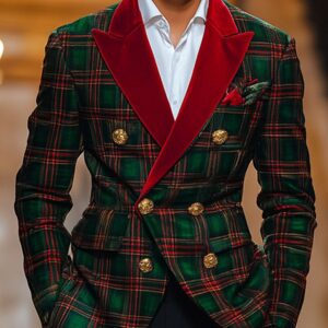 Men's Classic Plaid Lapel Double-Breasted Festive Blazer