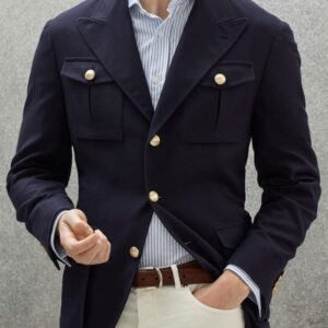 Vintage Solid Color Cotton Multi-Pocket Casual Blazer
