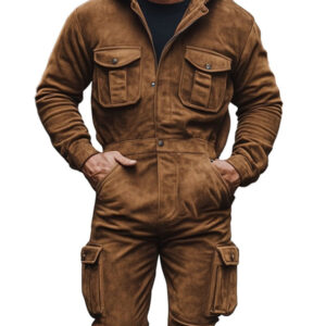 Men's Hooded Pocket Suede Vintage Long Sleeve Jumpsuit
